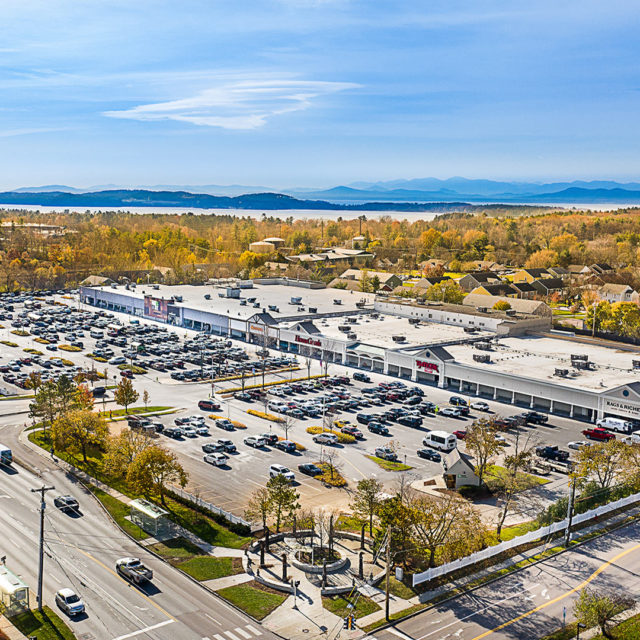 Aerial view of Burlington, Vermont shopping center with a full parking lot