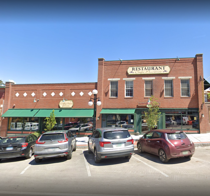 Exterior street view of Cafe Provence restaurant building for sale in Brandon, Vermont