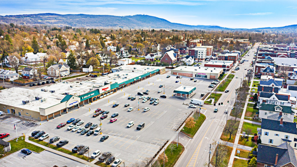 Aerial view of St. Albans, Vermont shopping center retail space for lease