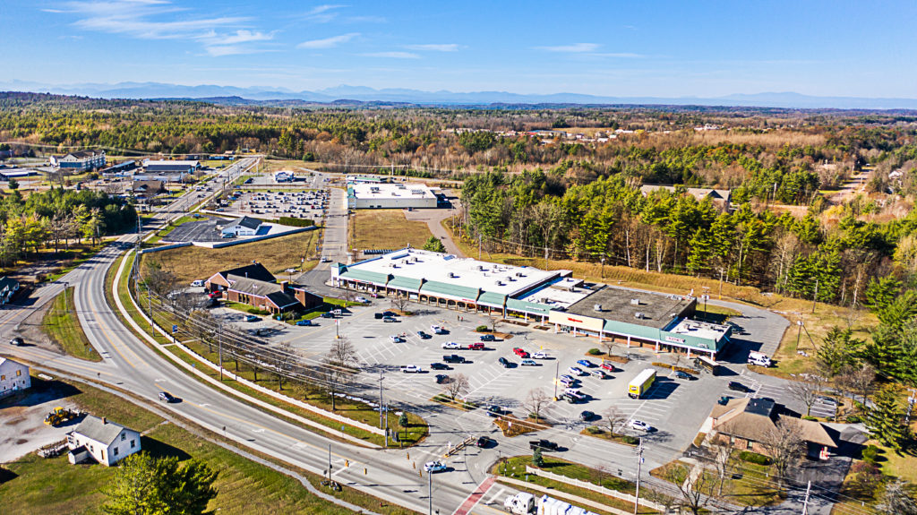 Aerial view of Milton, Vermont shopping center retail space for lease