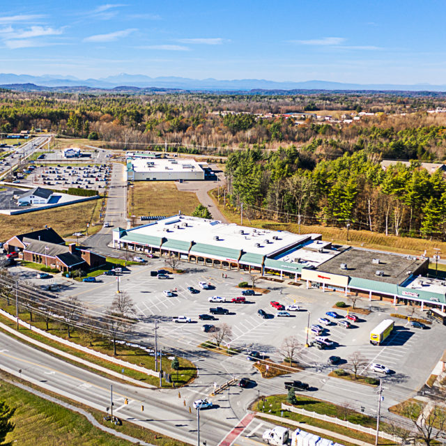 Aerial view of Milton, Vermont shopping center retail space for lease