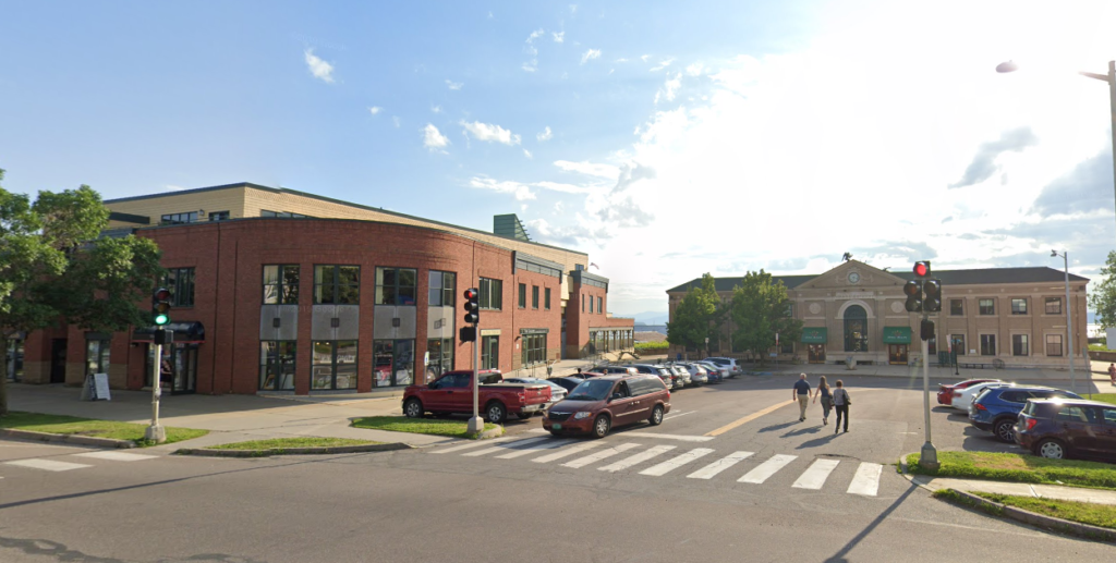 Corner view of Main Street Landing space for lease at downtown Burlington, Vermont waterfront