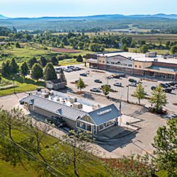 Aerial view of shopping plaza in Enosburg, VT