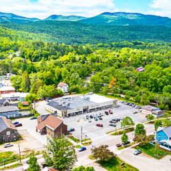 Aerial view of Johnson, VT shopping plaza