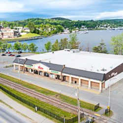 Aerial view of Newport VT shopping plaza with