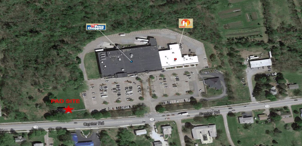 Aerial view of Essex, Vermont commercial pad site for sale