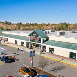 Aerial view of Hannaford grocery store entrance and parking lot